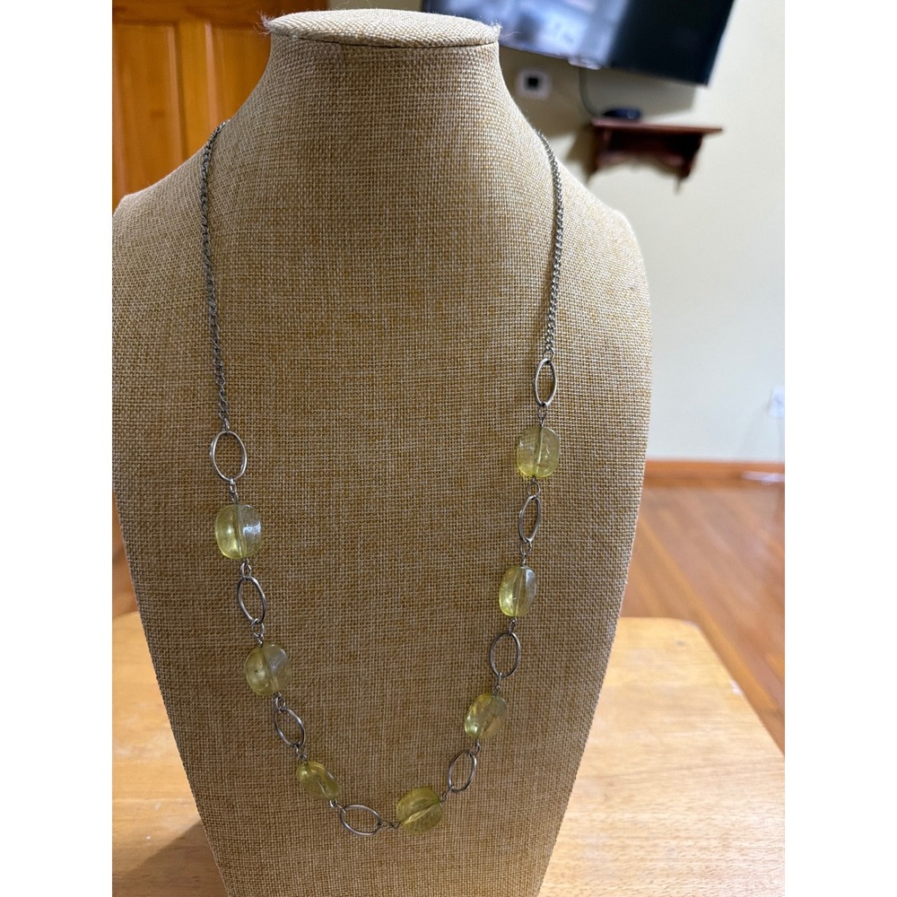 Silver Tone Station Necklace Light Green Translucent Oval Beads Layering